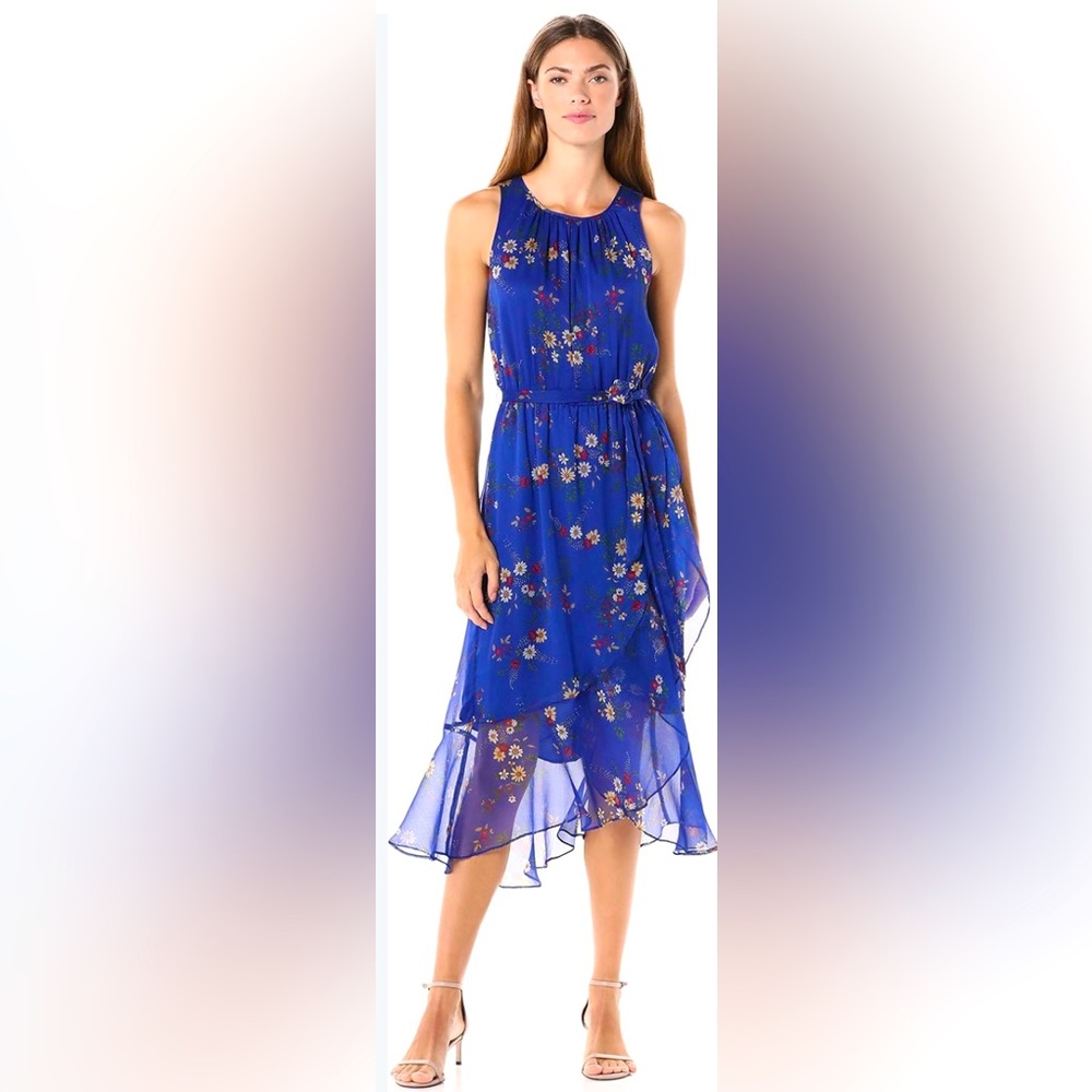 Vince Camuto Women's Sleeveless Ruffled Hem Country Bouquet Belted Midi Dress